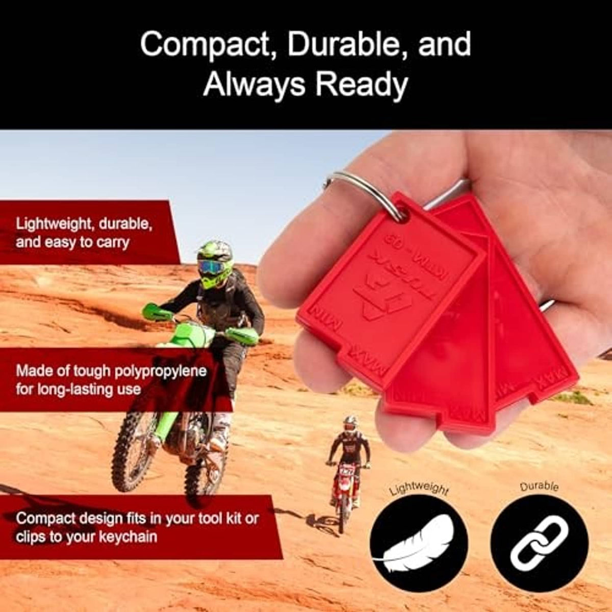 Red chain slack measuring tool in hand with compact, triangular measuring form