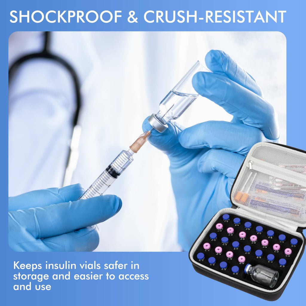 Portable black vial storage case with shockproof interior holding capped insulin vials.