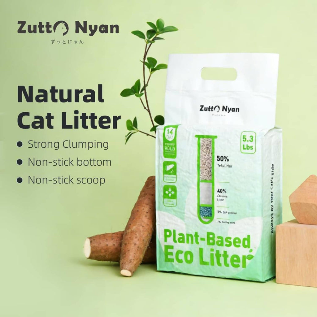 Natural cat litter bag labeled Plant-Based Eco Litter with plant sprig beside it