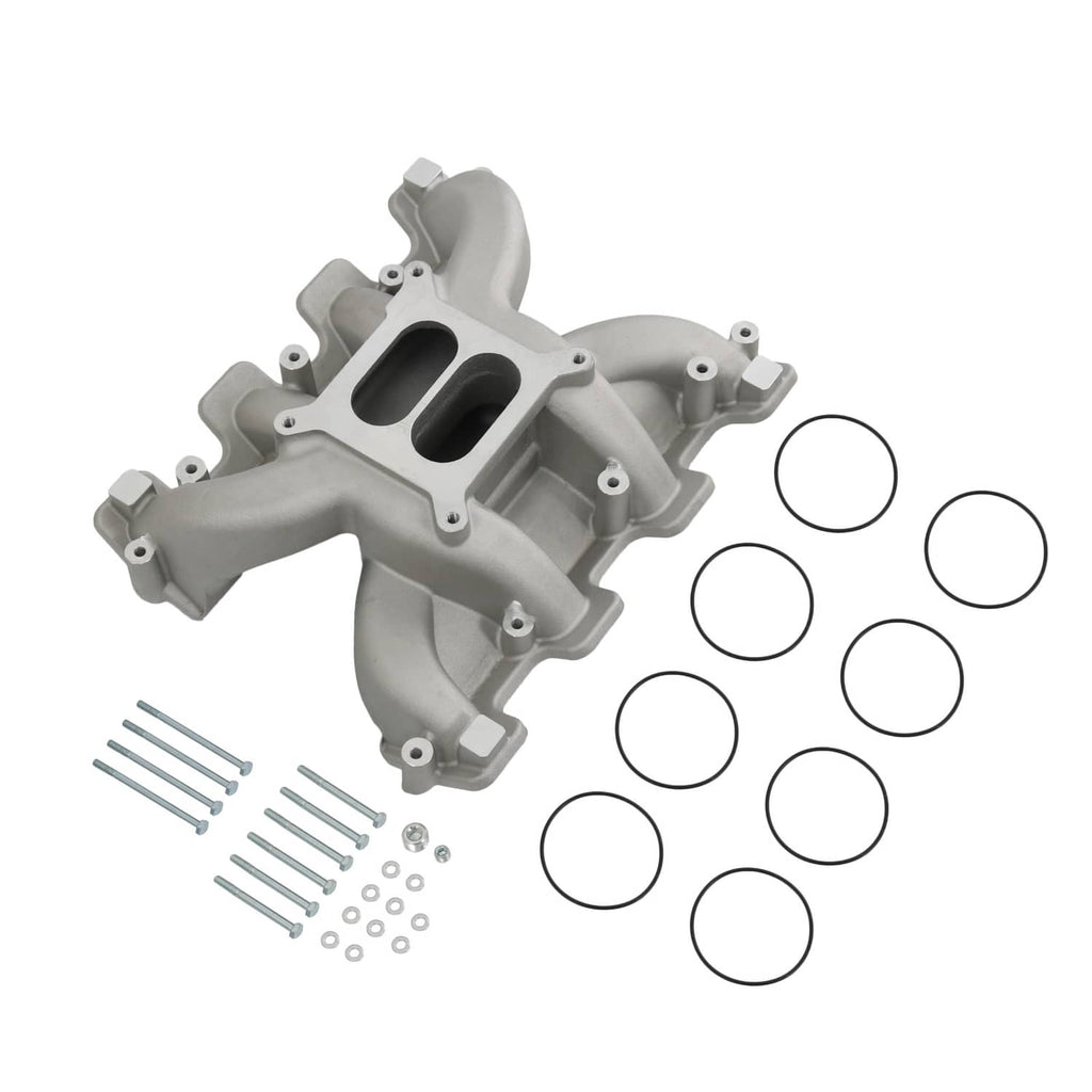 Gray dual plane intake manifold with cathedral ports, mounting holes, and gaskets