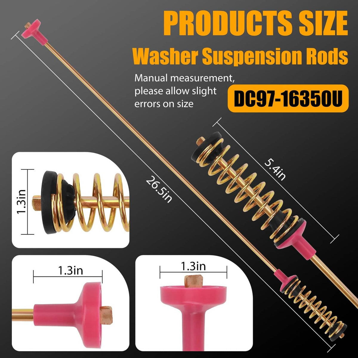Washer suspension rods with red posts, gold coil springs, and black base caps (size view).