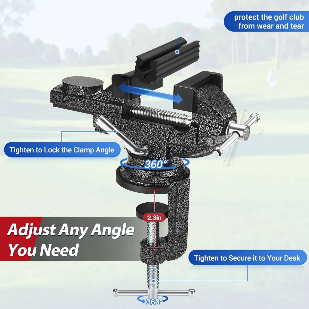 Adjustable black golf grip vise clamp with 360° swivel base and locking knob