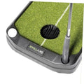 Putting mat base with ball return opening, cup target hole and alignment line