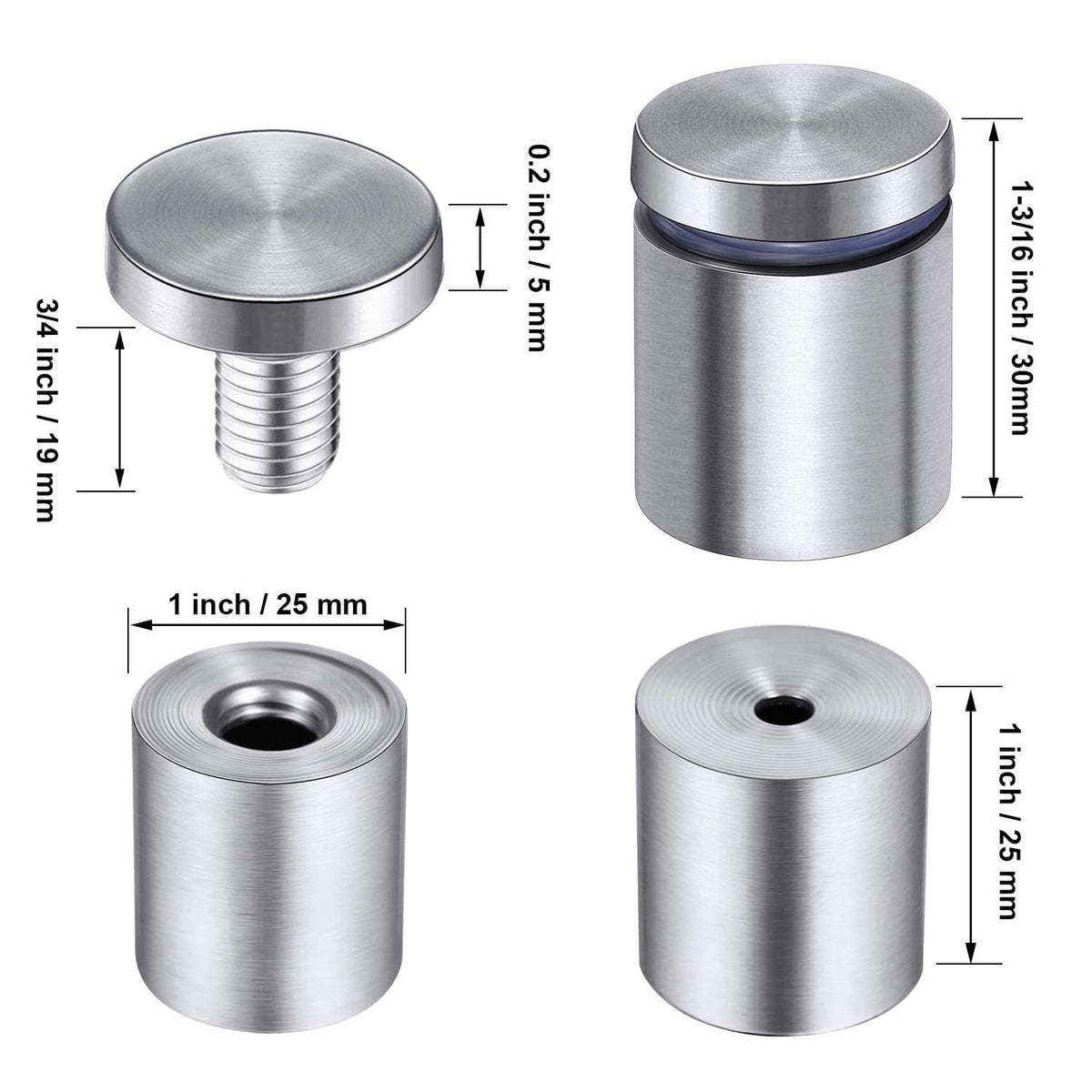 Silver sign standoff screw with round cap and threaded stud, shown with size markings
