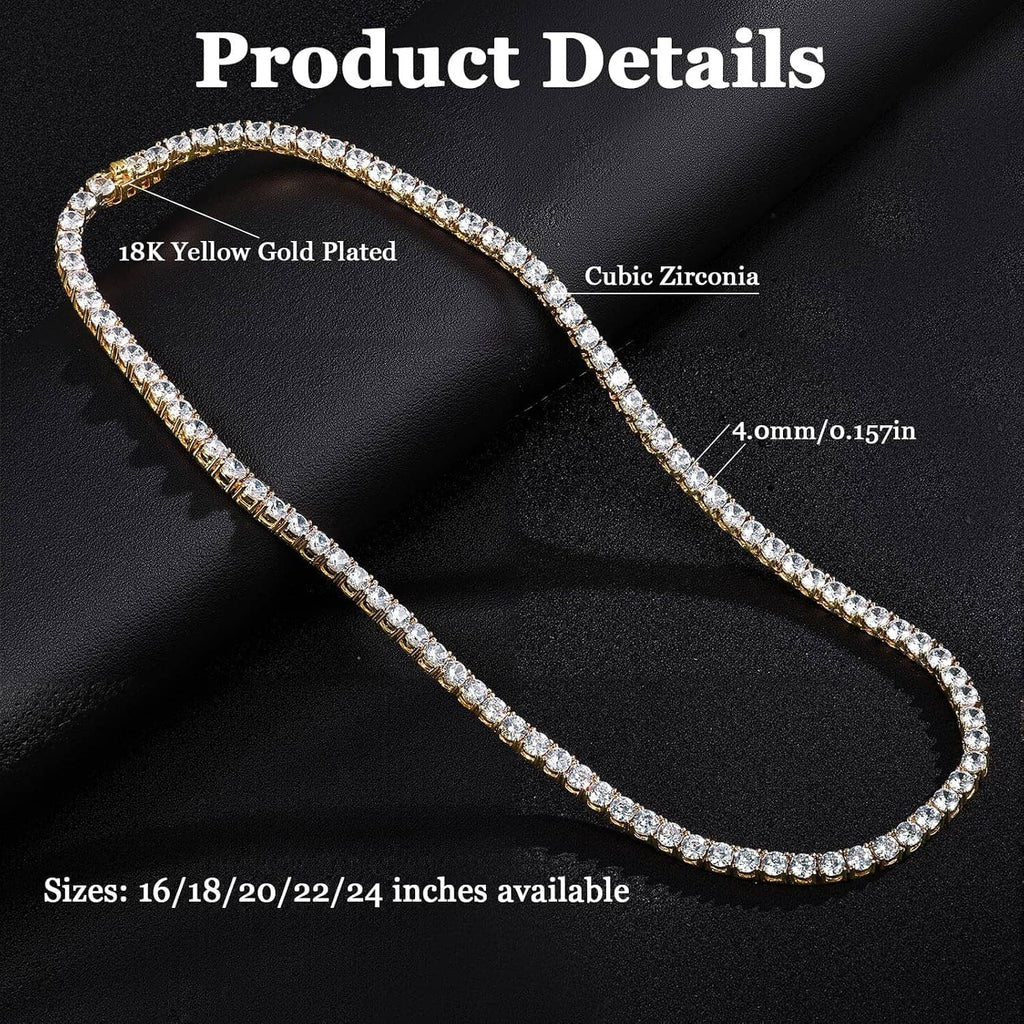 Gold-plated CZ tennis necklace with round clear cubic zirconia stones, 4.0mm