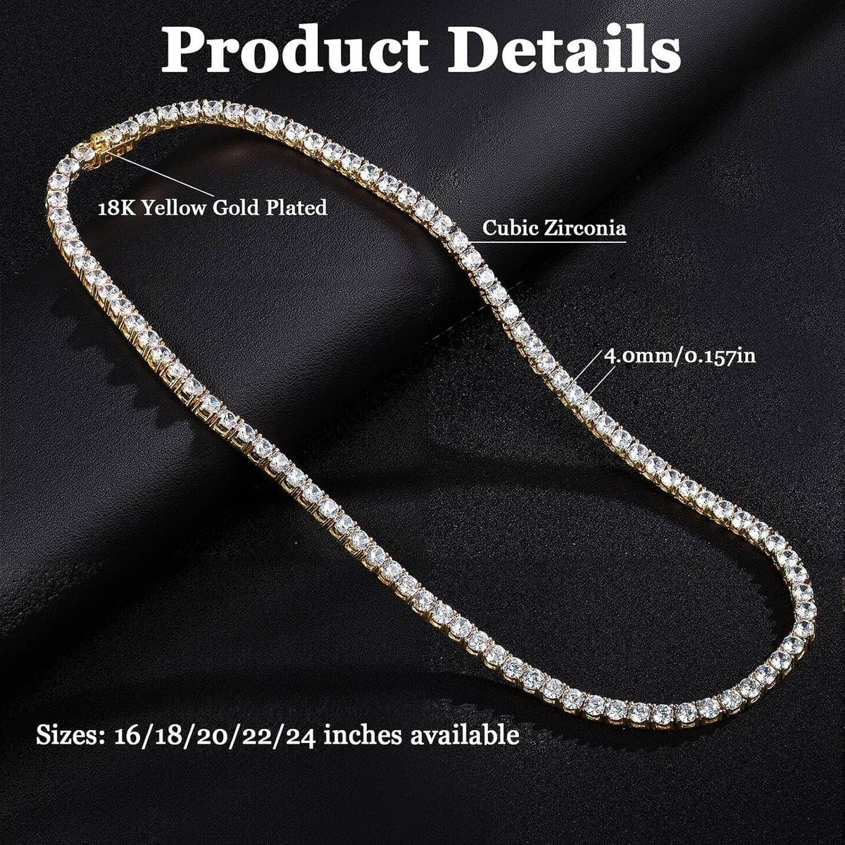 Gold-plated CZ tennis necklace with round clear cubic zirconia stones, 4.0mm