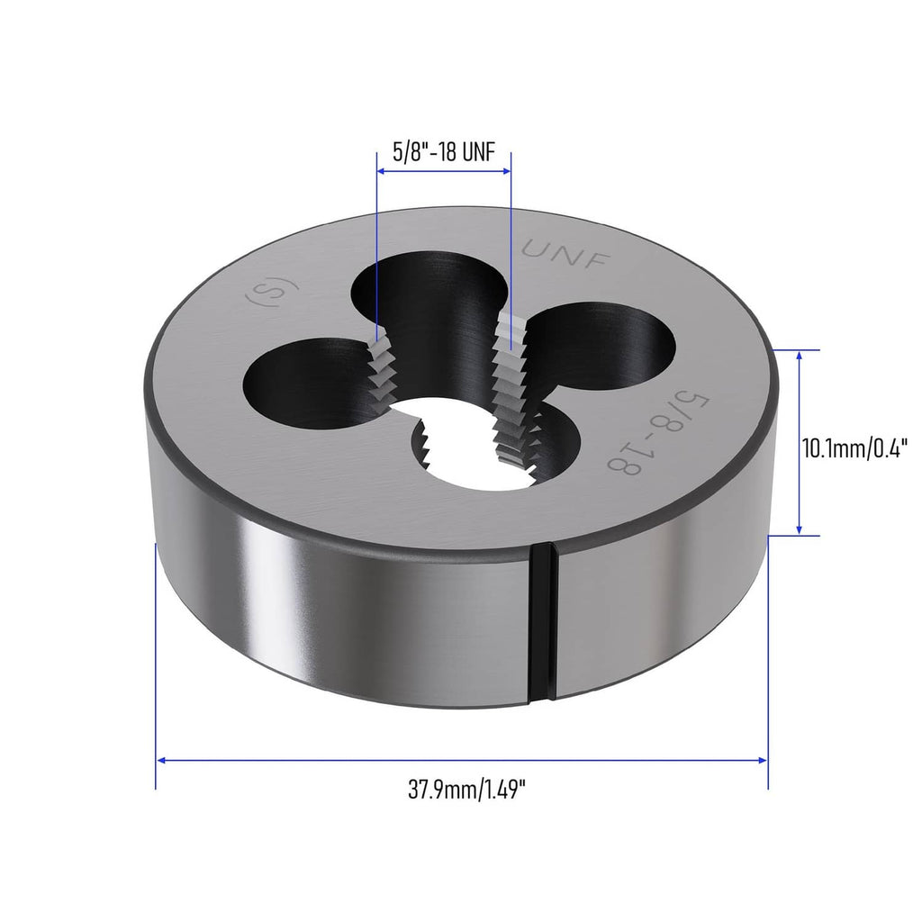 Silver round threading die showing UNF markings and multiple cutting openings