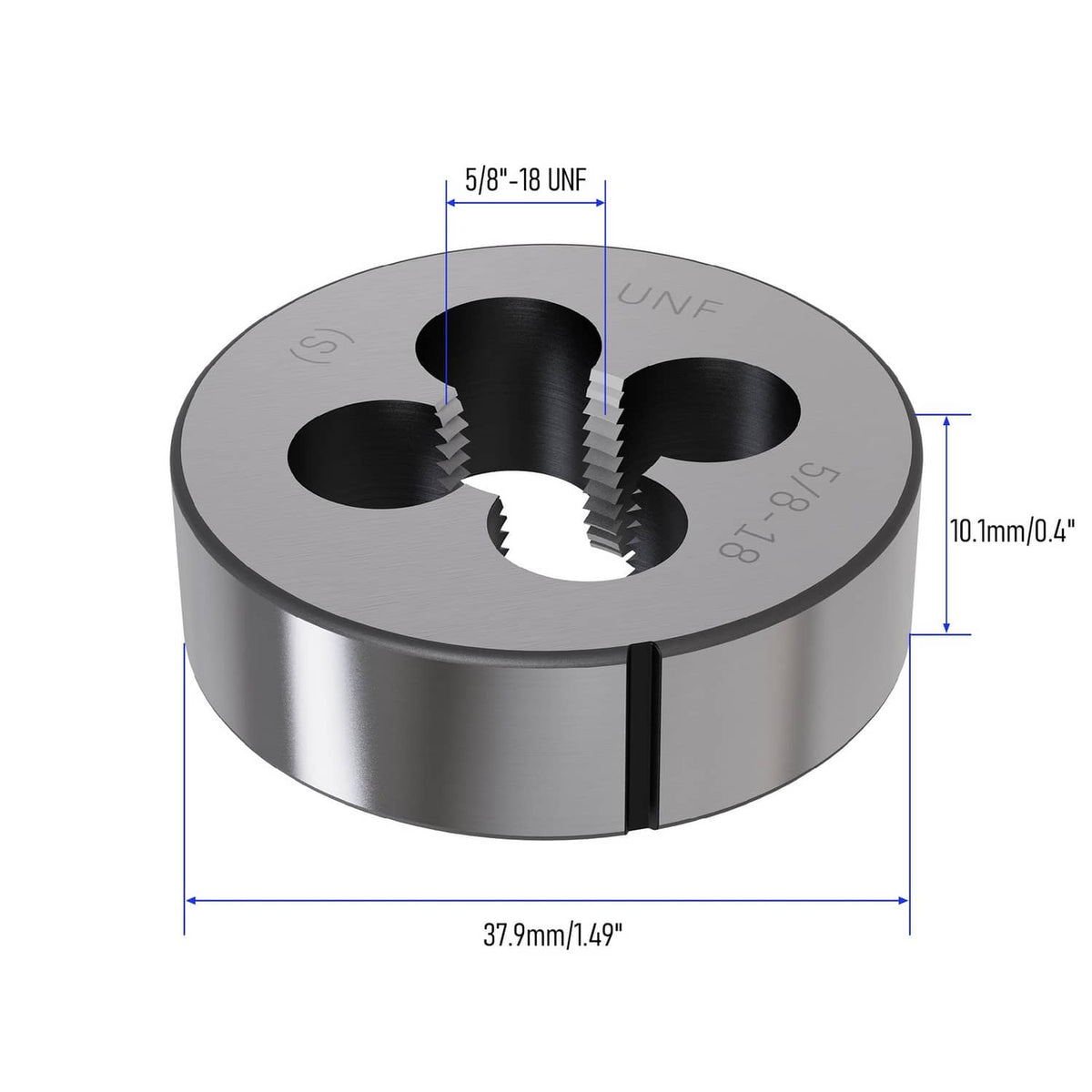 Silver round threading die showing UNF markings and multiple cutting openings
