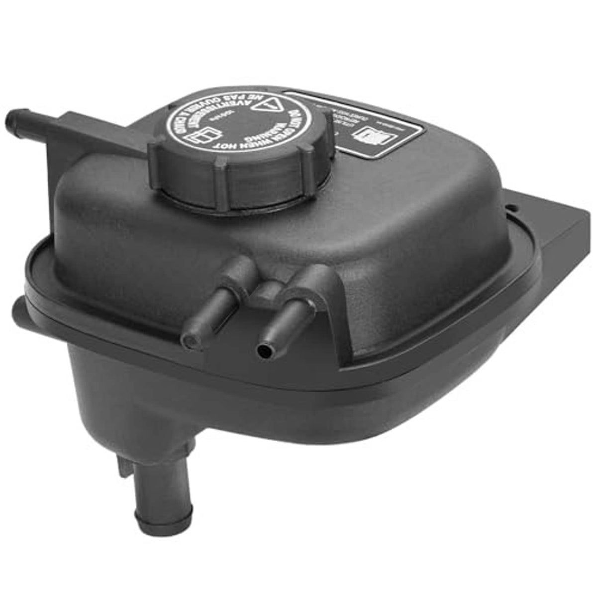 Dark gray coolant reservoir tank with round cap and two outlet nipples