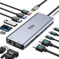 Grey docking station showing USB ports, HDMI and VGA outputs, plus SD card slot