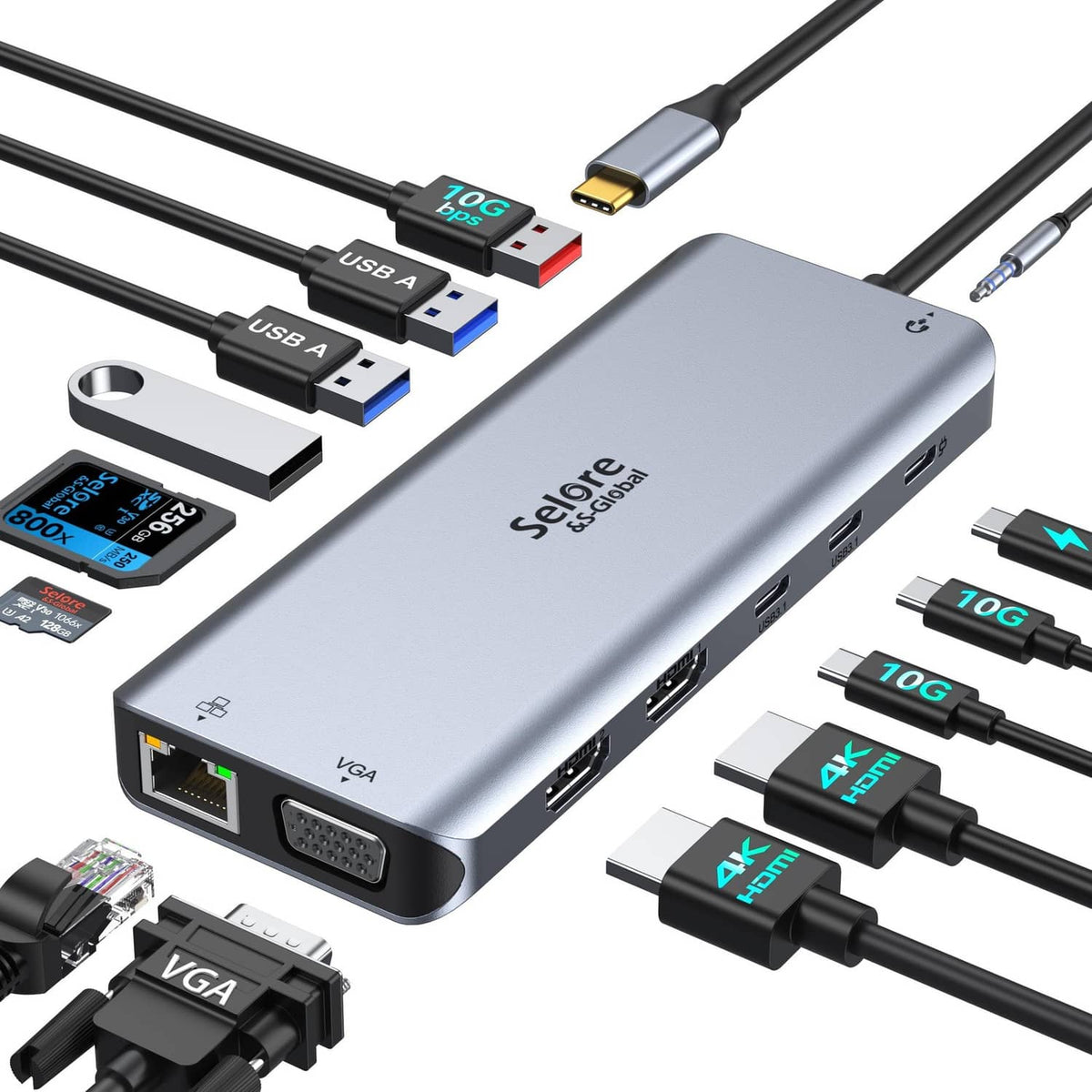 Grey docking station showing USB ports, HDMI and VGA outputs, plus SD card slot