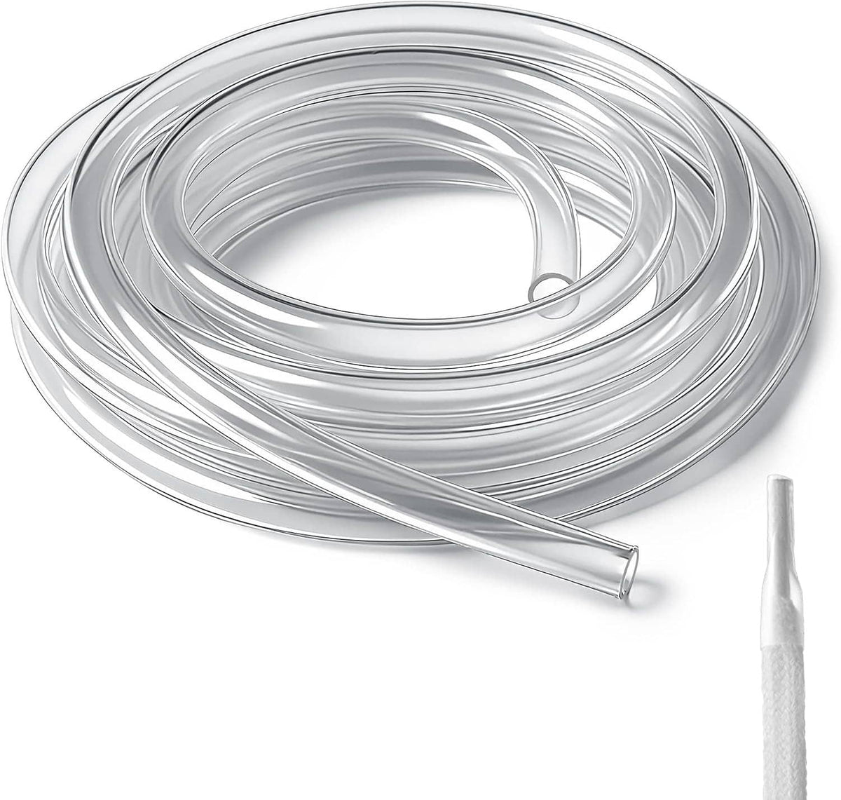 Clear heat-shrink shoelace aglet tubing, coiled length with attached narrow sleeve