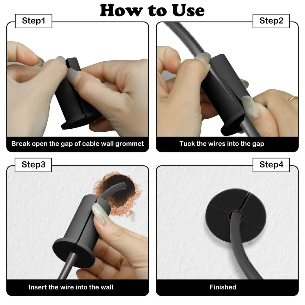 Black silicone wall cable grommet shown in use steps for inserting cable