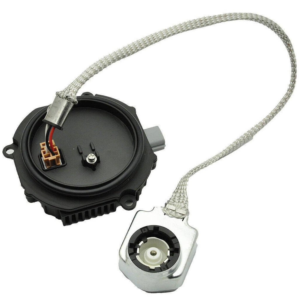 HID xenon igniter and ballast connector with black circular housing and braided cable