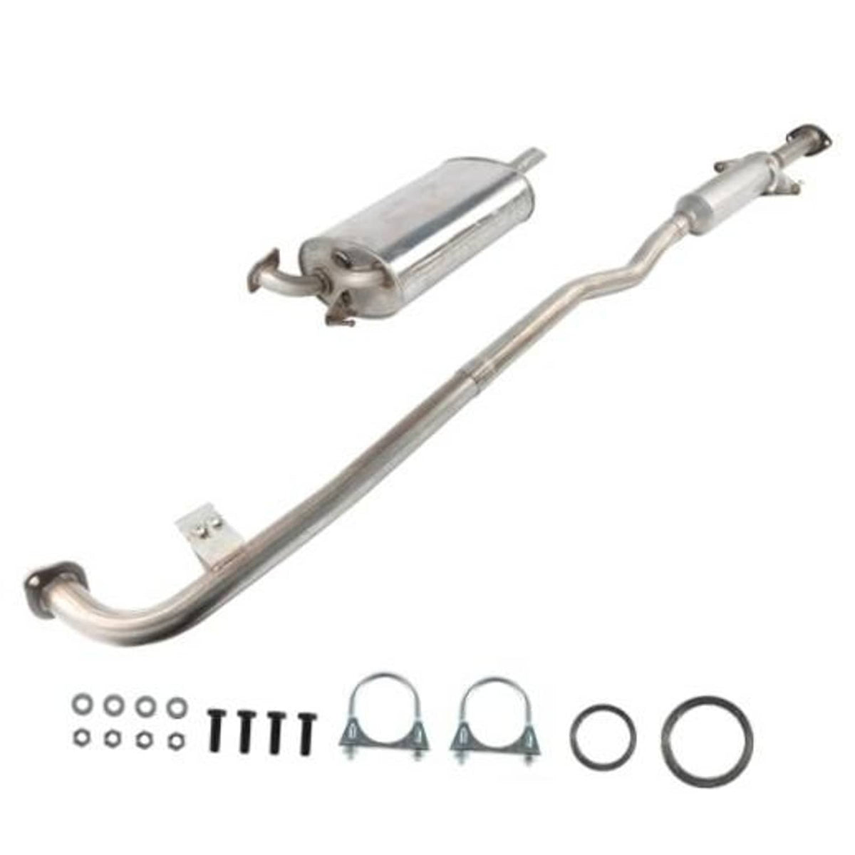 Exhaust muffler and resonator pipe kit with mounting hardware, stainless steel finish