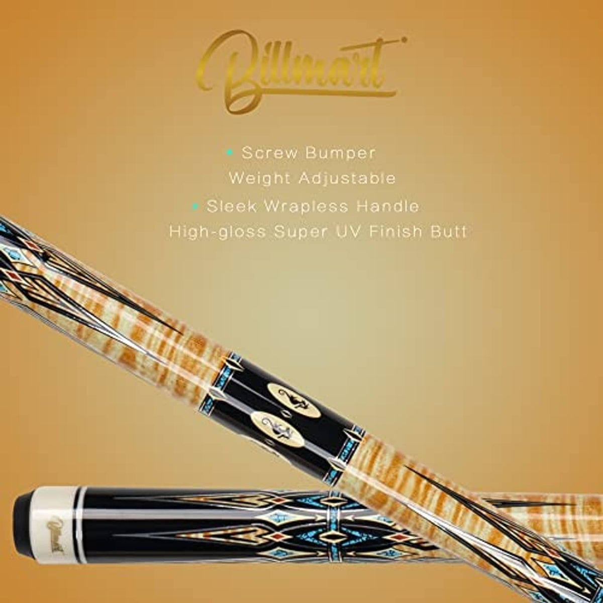 Decorative pool cue with black handle, blue inlay pattern, and light wood shaft