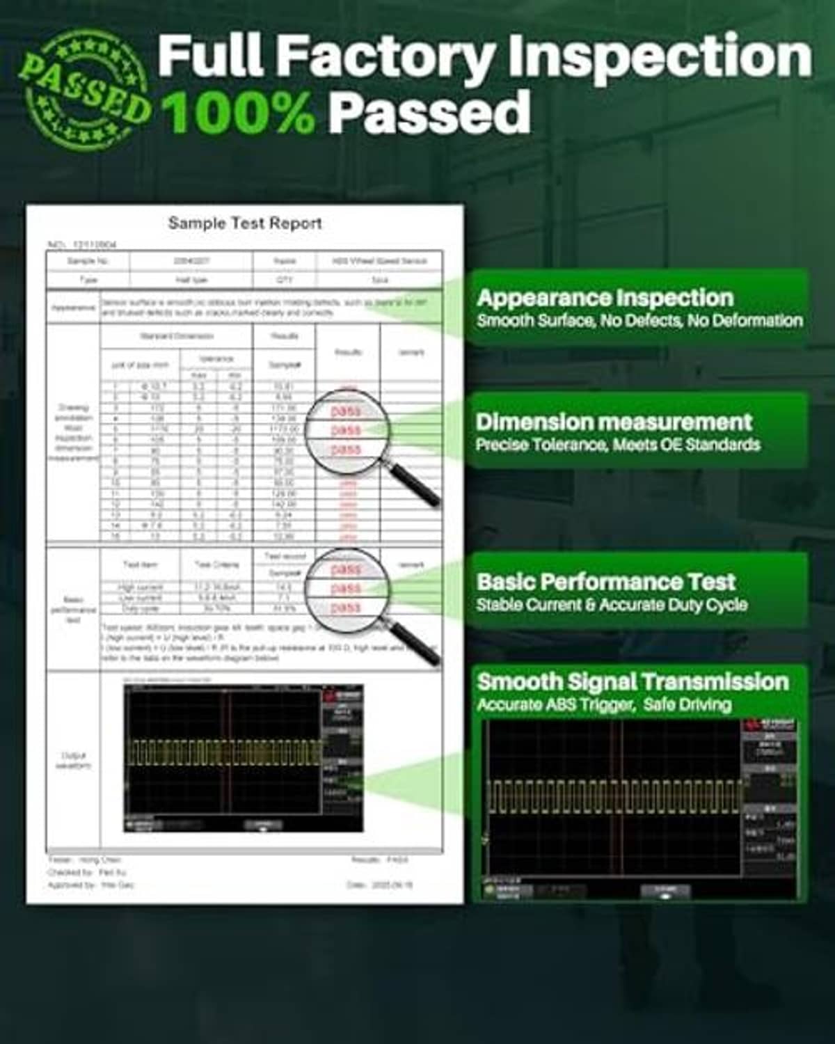 Factory inspection infographic with sample test report and performance graph icons