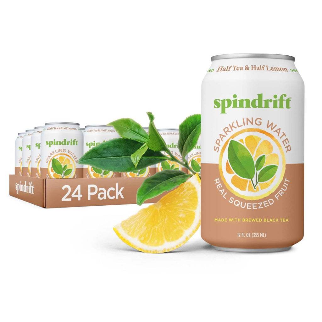 24-pack of half tea & half lemonade sparkling water cans with lemon and mint leaves