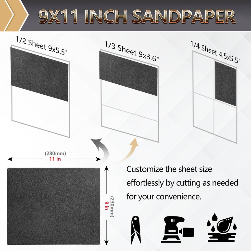 Black sandpaper sheets set with cut-to-size options, multiple sheet sizes