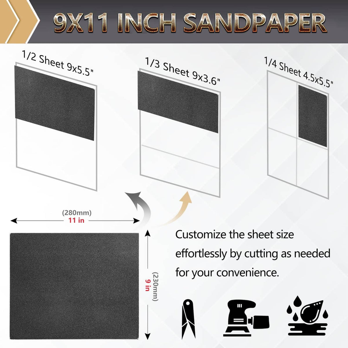 Black sandpaper sheets set with cut-to-size options, multiple sheet sizes