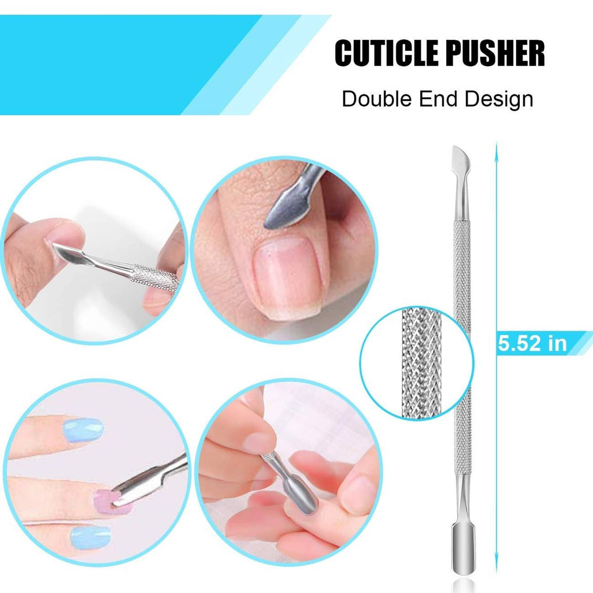 Ingrown toenail cuticle pusher tool with double-ended tip and textured handle