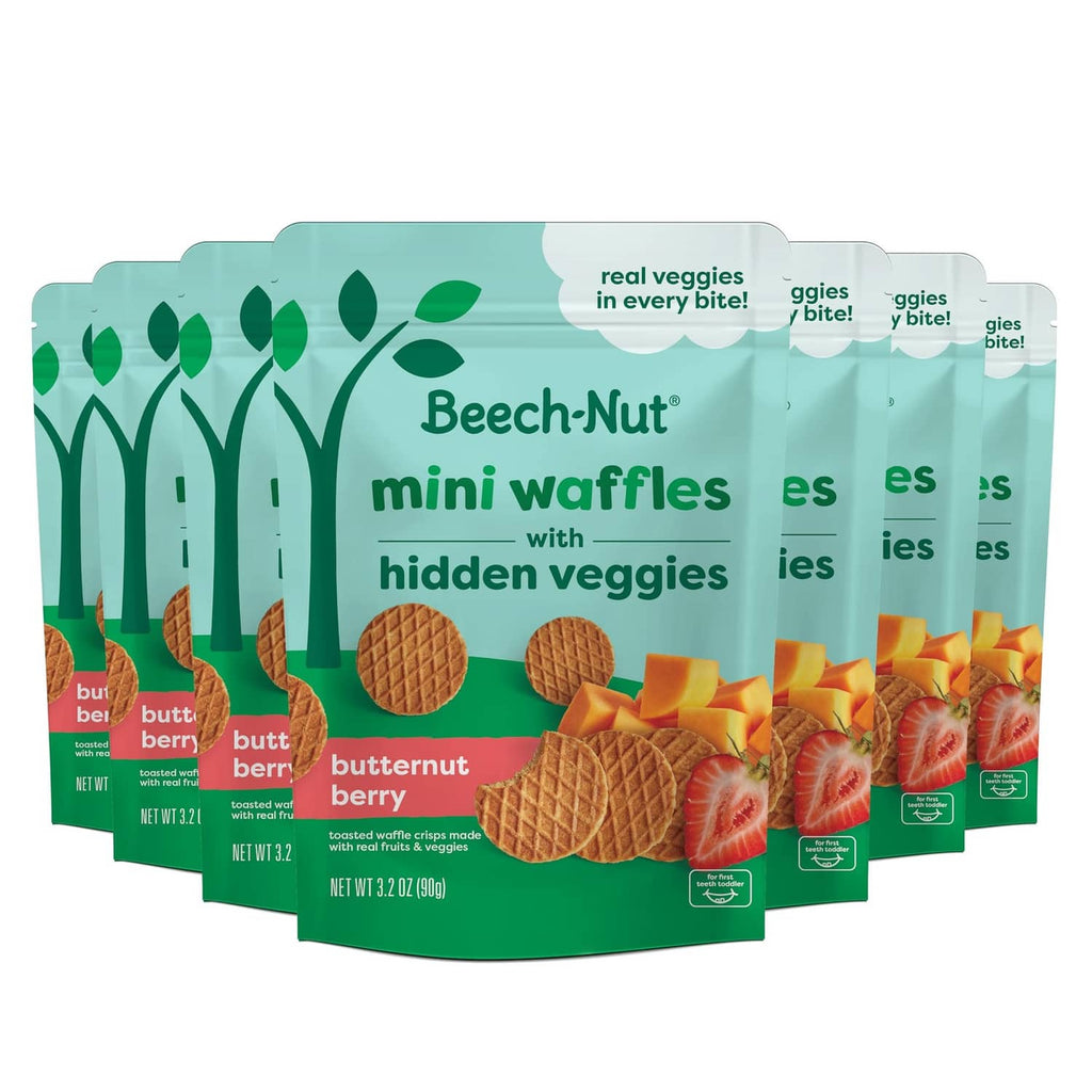 Mini waffle snack pouches with hidden veggies, butternut and berry flavors.