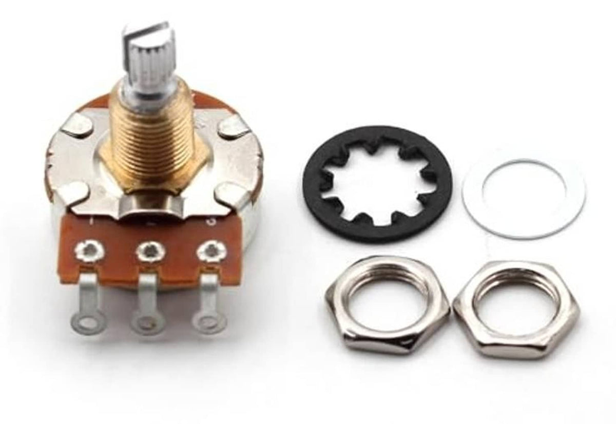 Potentiometer components set: short split shaft body, black gear, and mounting nuts with ring