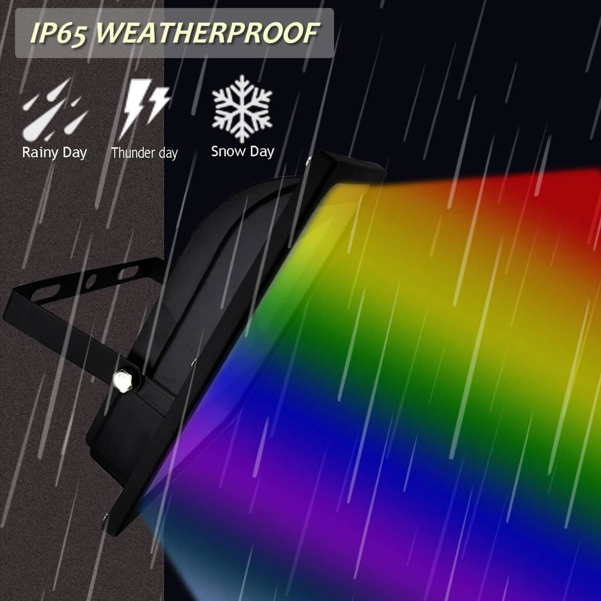 RGB LED flood light producing a multi-color beam in rainproof conditions