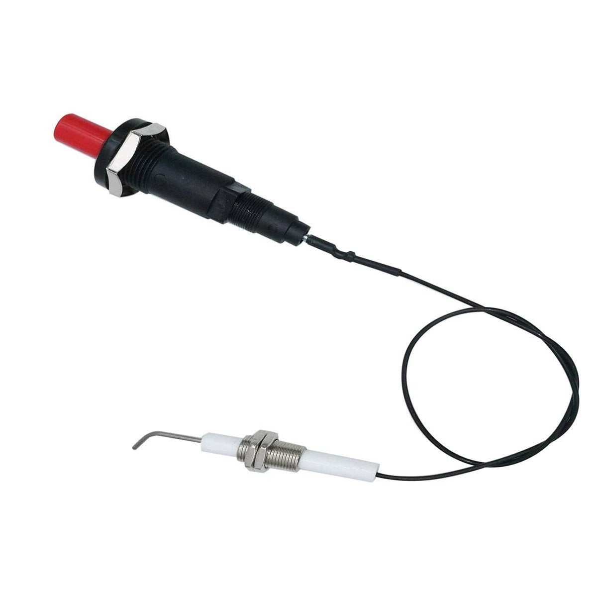 Single propane piezo igniter with black housing, red cap, and connected black cable