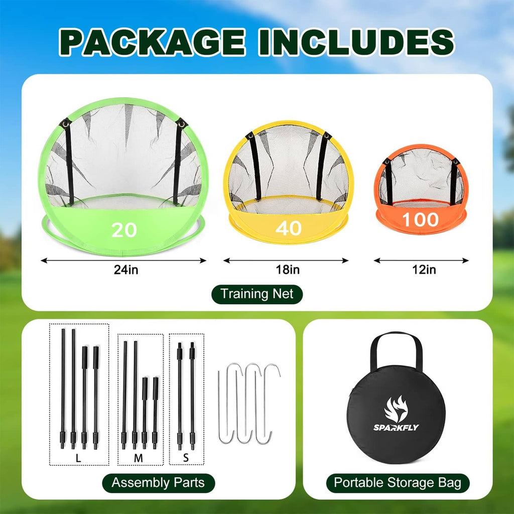Golf chipping training nets package includes 3 target nets and a portable storage bag