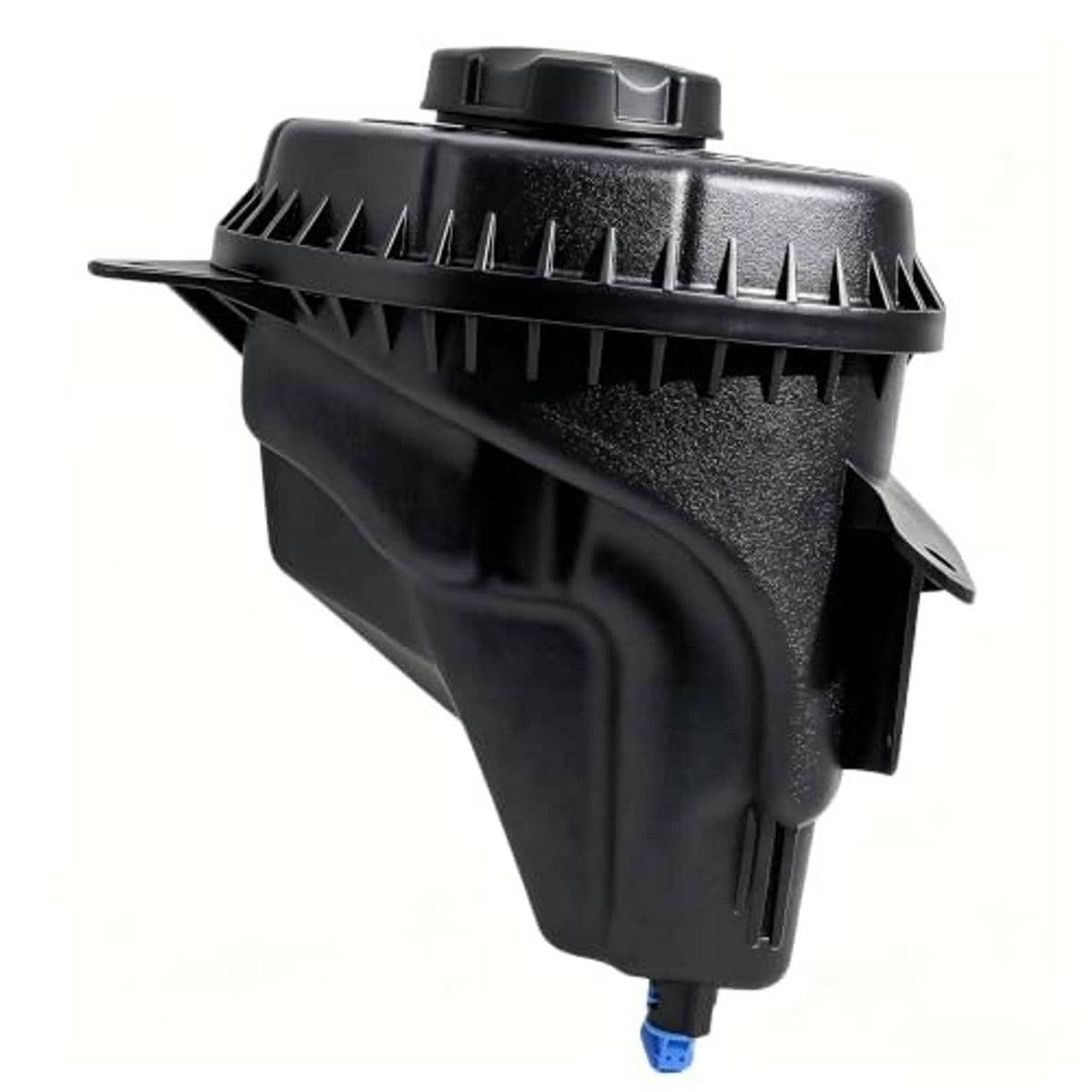 Engine coolant reservoir tank with cap, black plastic housing with cooling fins and outlet