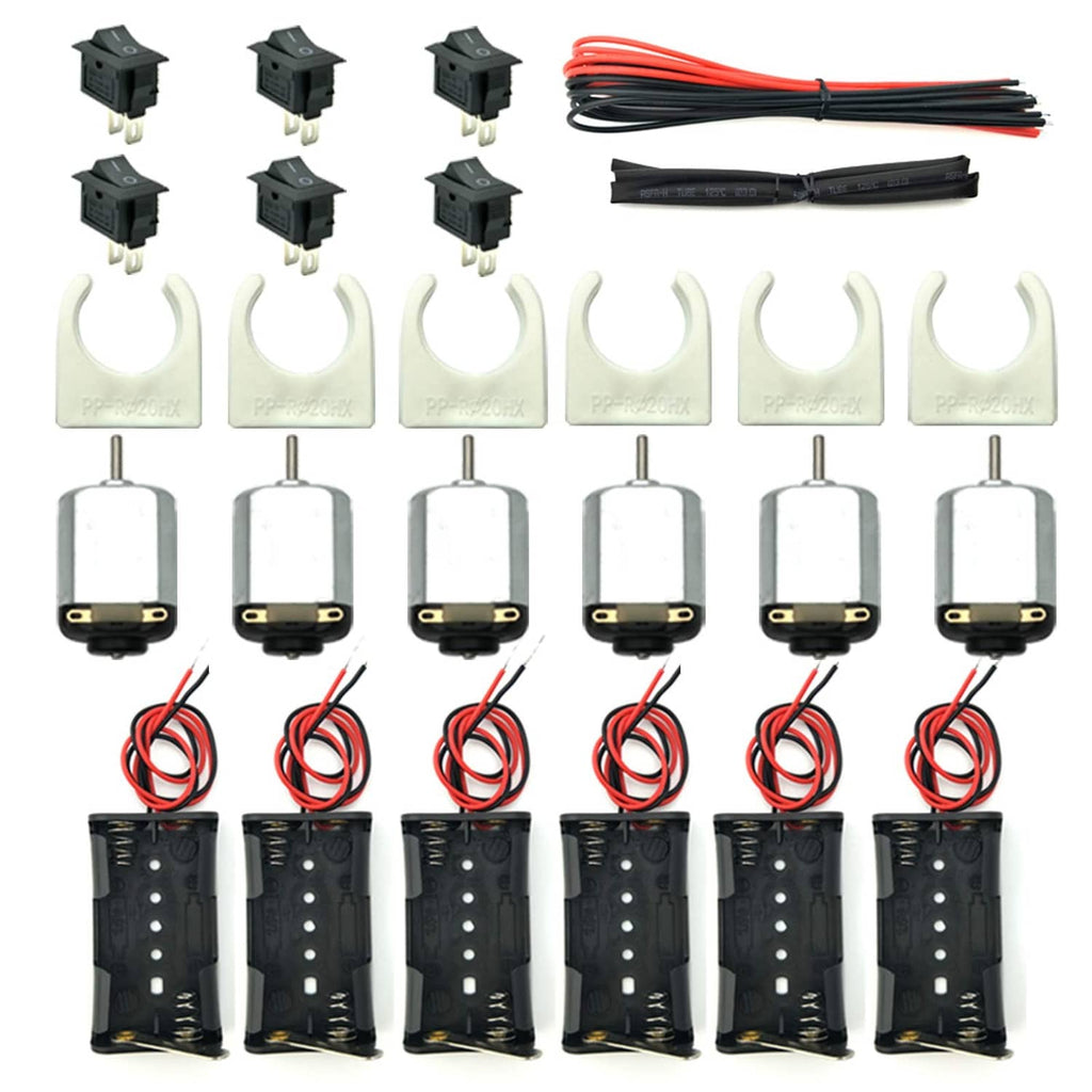 Mini DC motor set with 6 small motors, wiring leads, and mounting clips