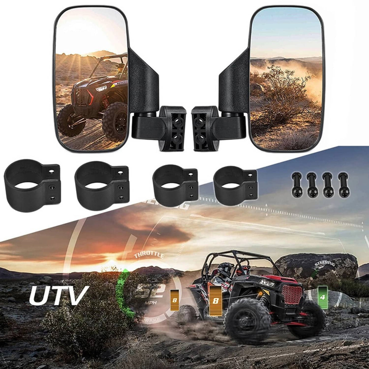 UTV rear view side mirrors kit with black mounting straps and screws for installation