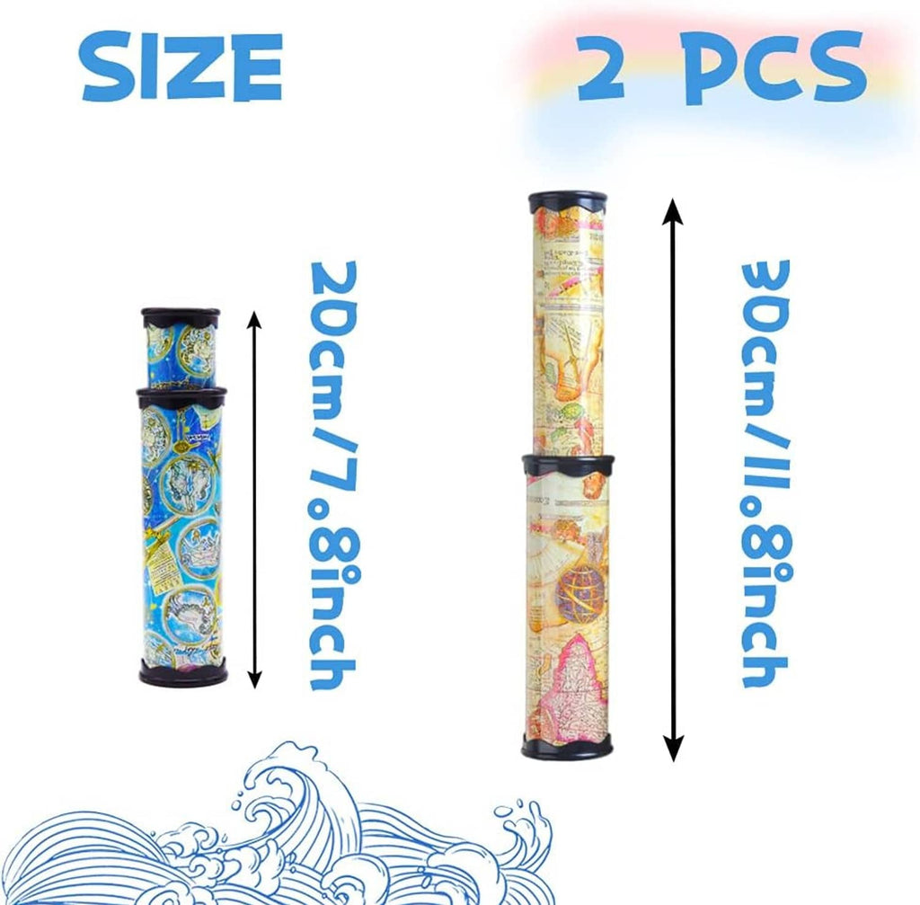 Pair of kaleidoscope tubes shown with size arrows for height and diameter