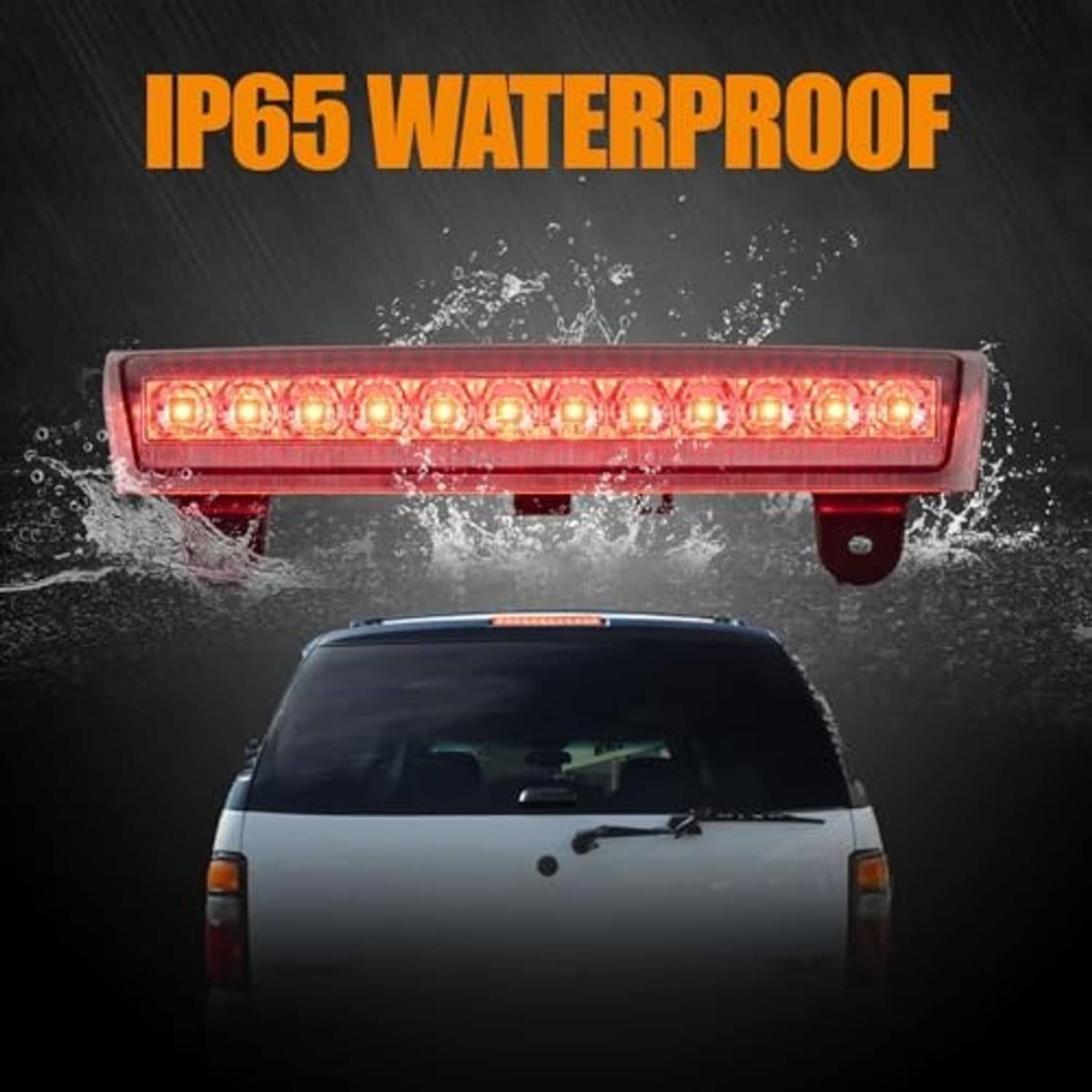 Red illuminated LED high-mount stop light with clear lens and rugged sealed housing
