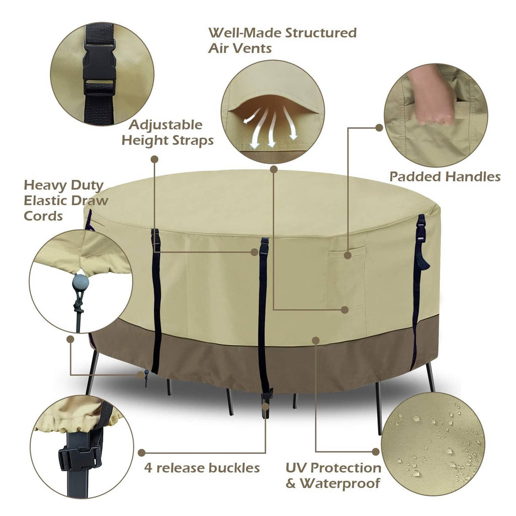 Beige round patio furniture cover with adjustable height straps, padded handles, buckles
