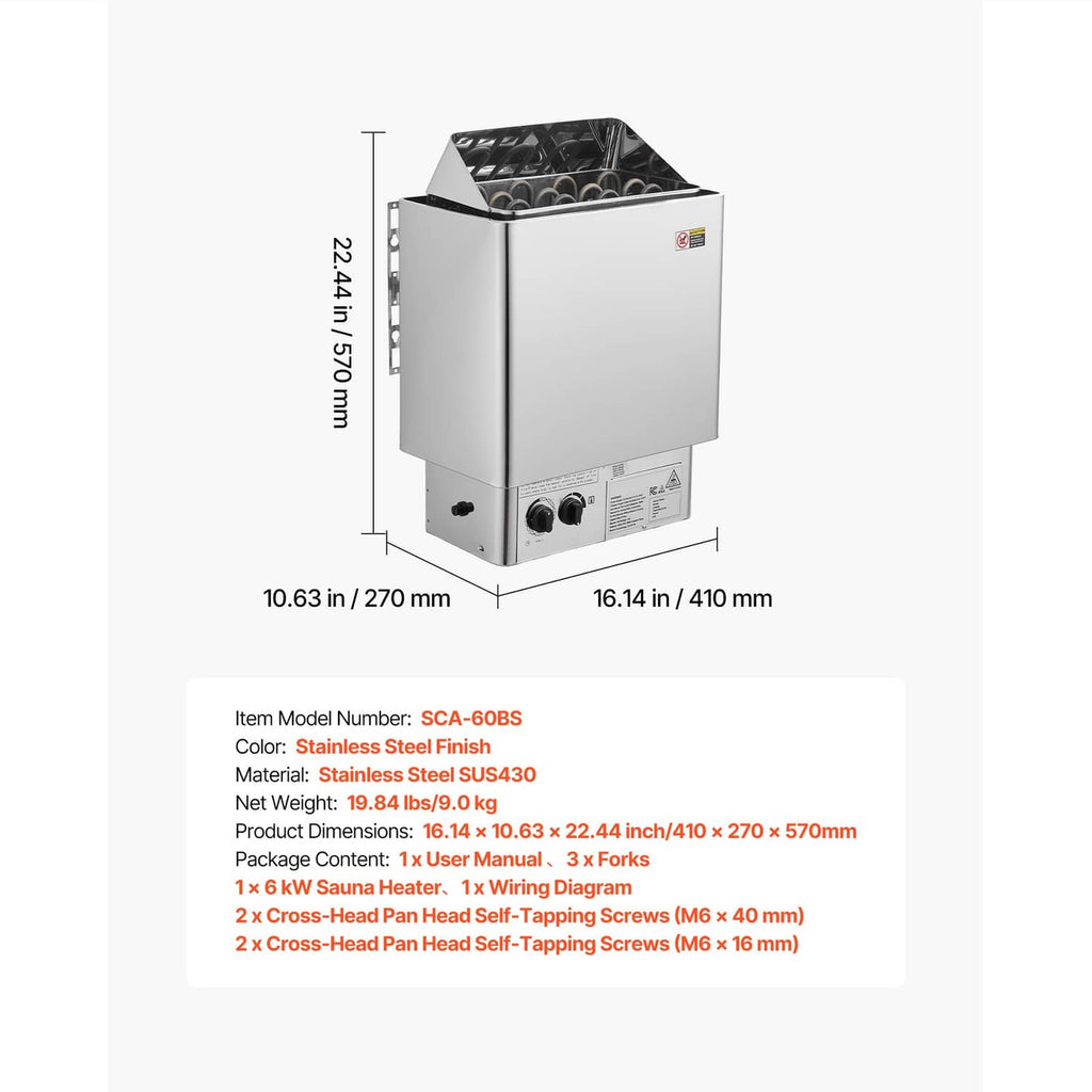 Stainless steel electric sauna heater with open top and compact wall-mount design