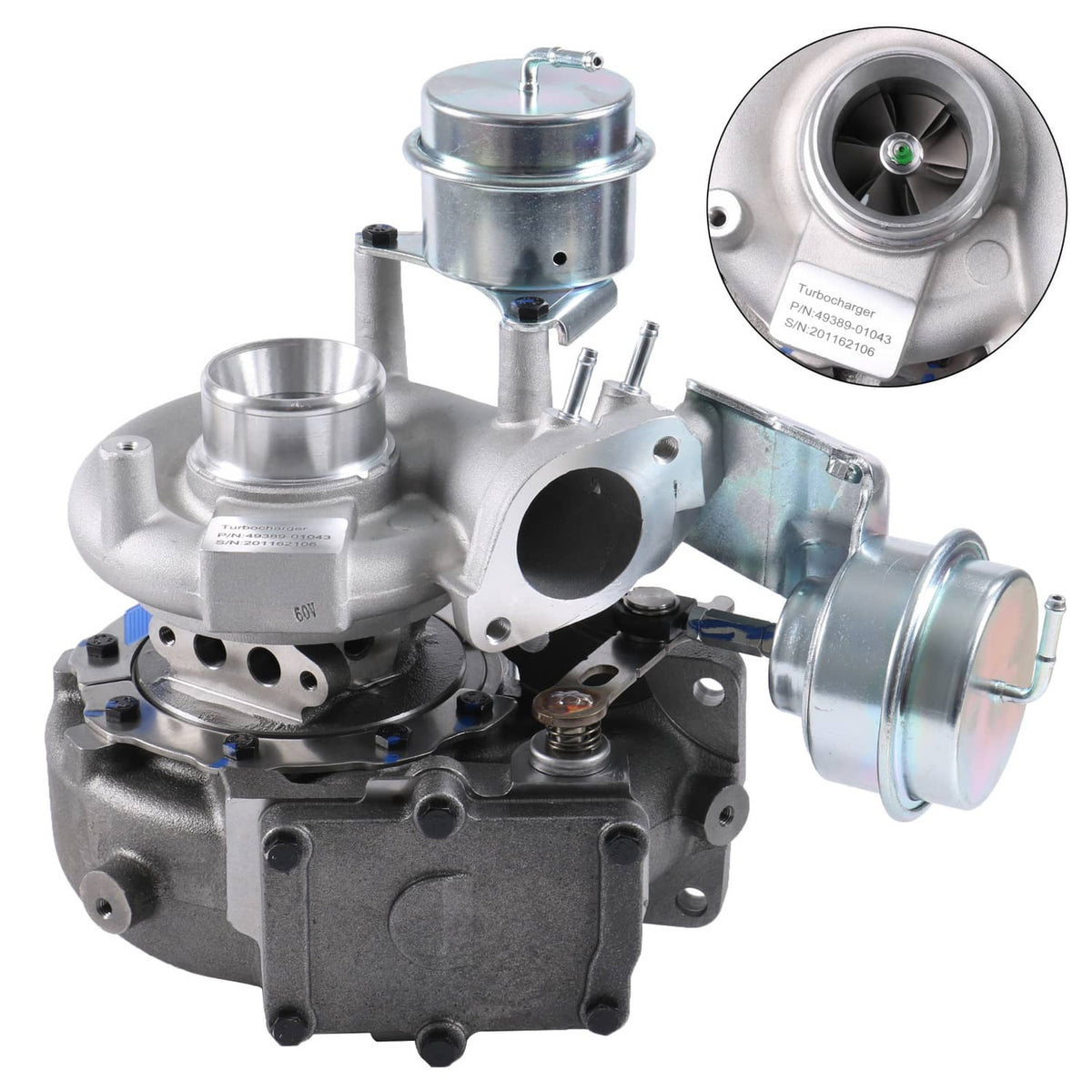 Turbocharger assembly with compressor housing and air inlet, silver metal finish