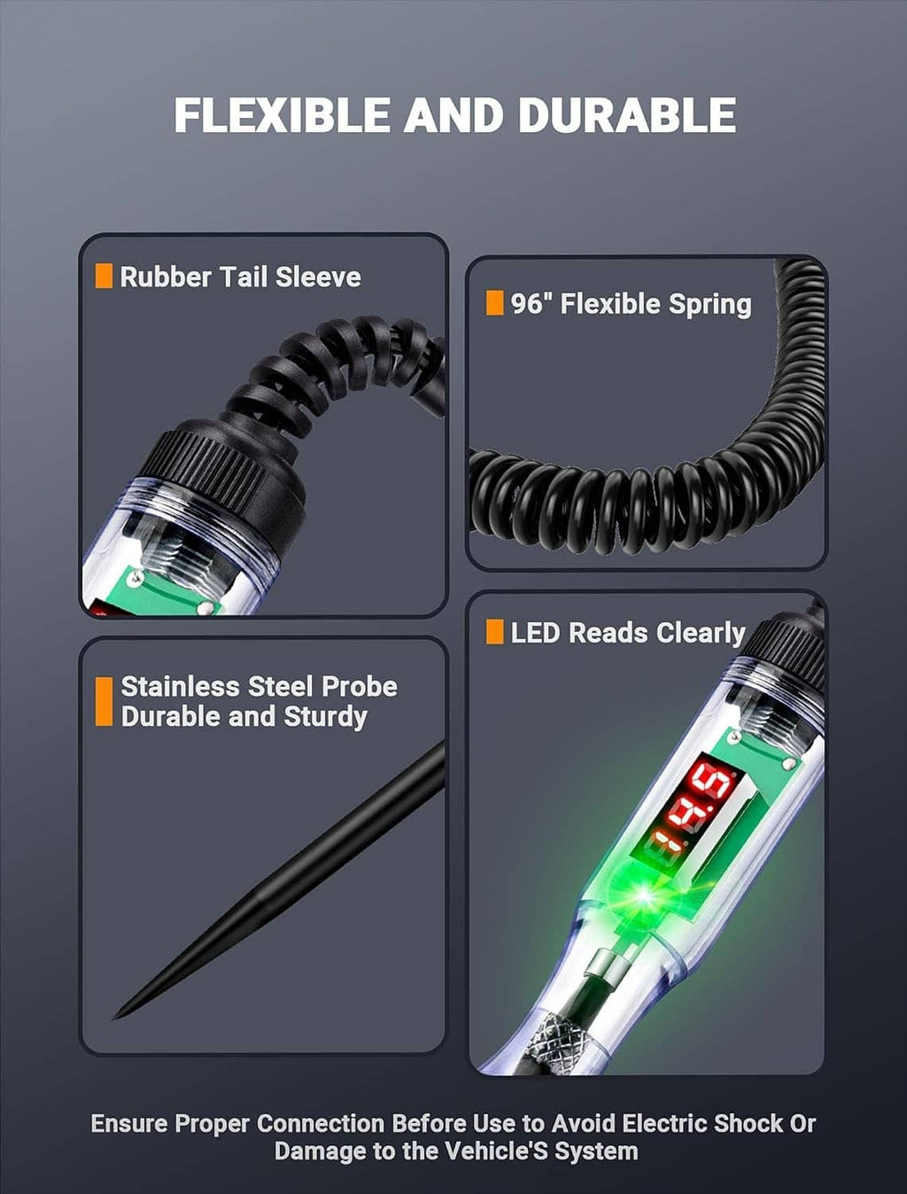 Automotive test light with flexible spring cable, black rubber tail sleeve, and steel probe