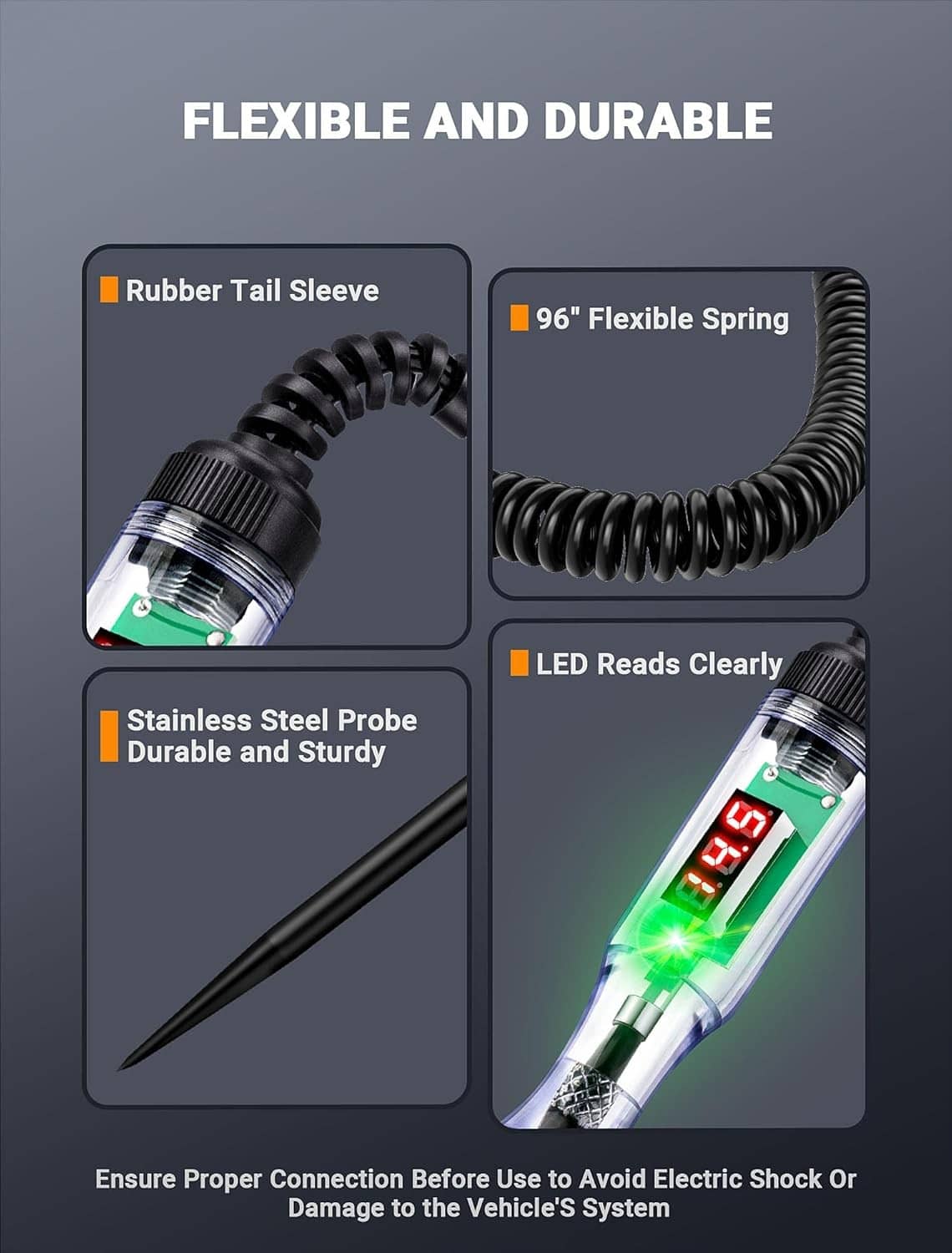 Automotive test light with flexible spring cable, black rubber tail sleeve, and steel probe