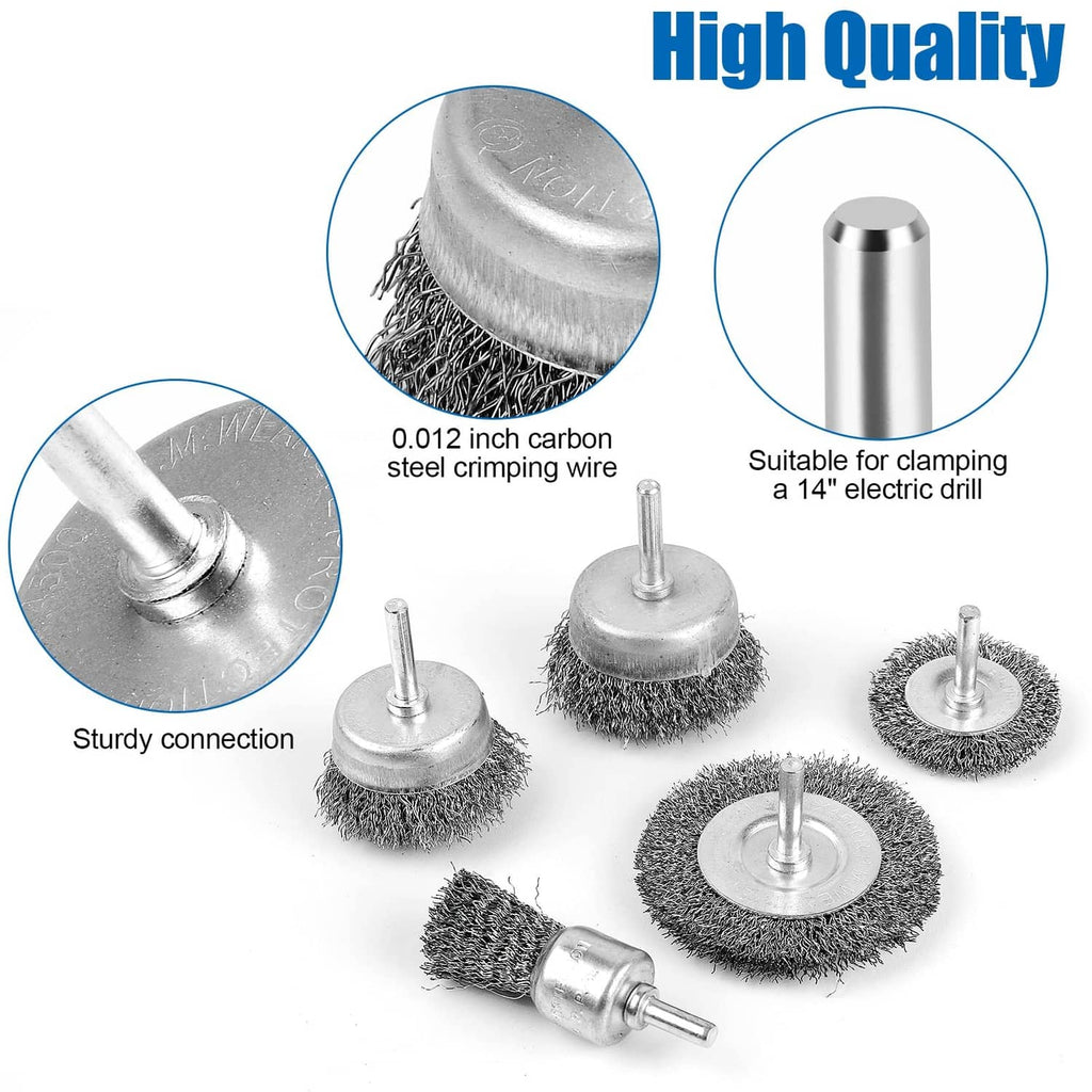 Wire wheel cup brushes with steel bristles and drill shank shafts, silver