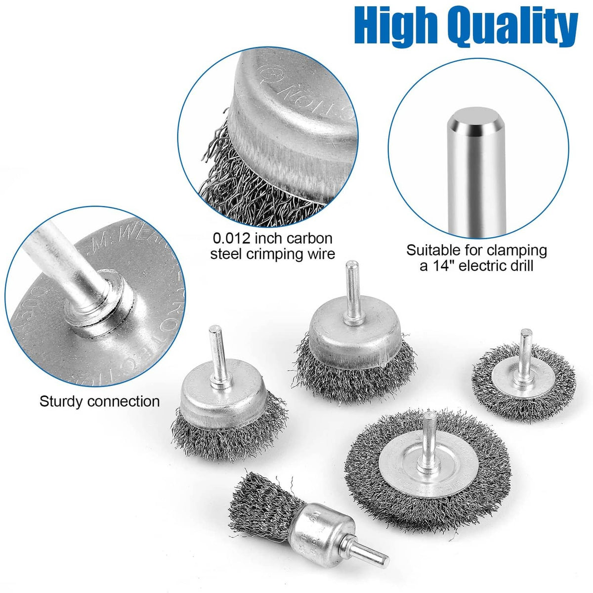 Wire wheel cup brushes with steel bristles and drill shank shafts, silver