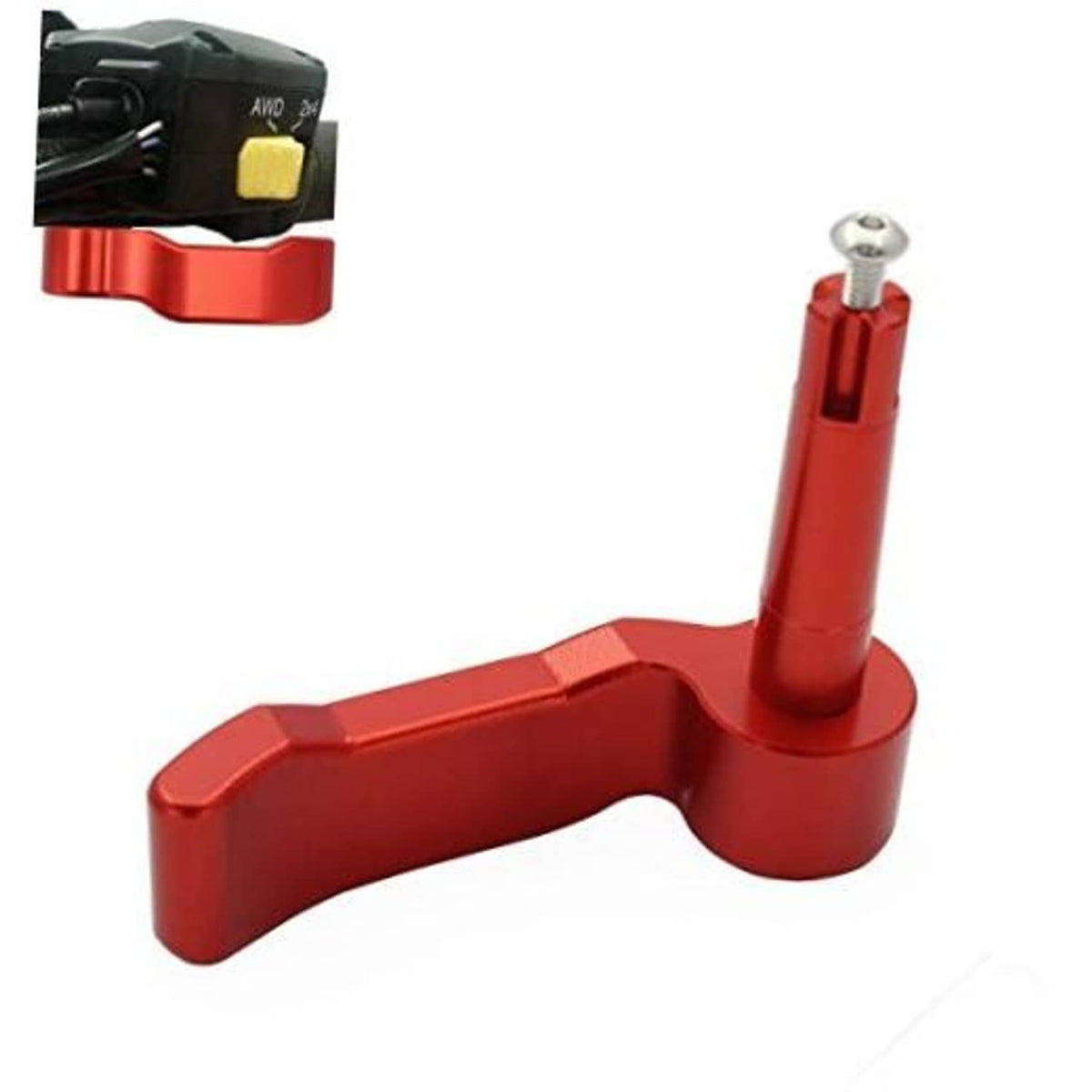 Red thumb throttle lever with silver screw stud and curved base