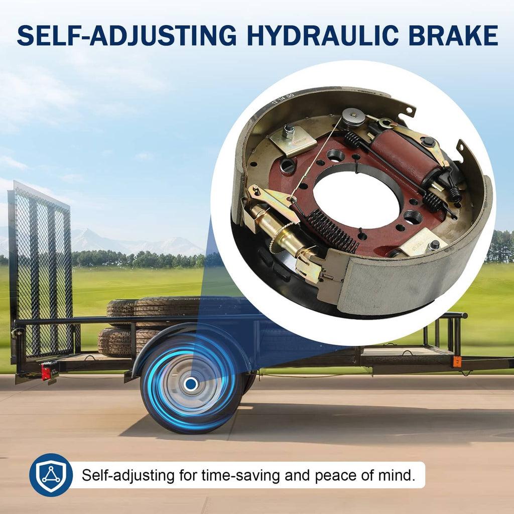 Self-adjusting hydraulic trailer brake assembly with red backing plate and drum components