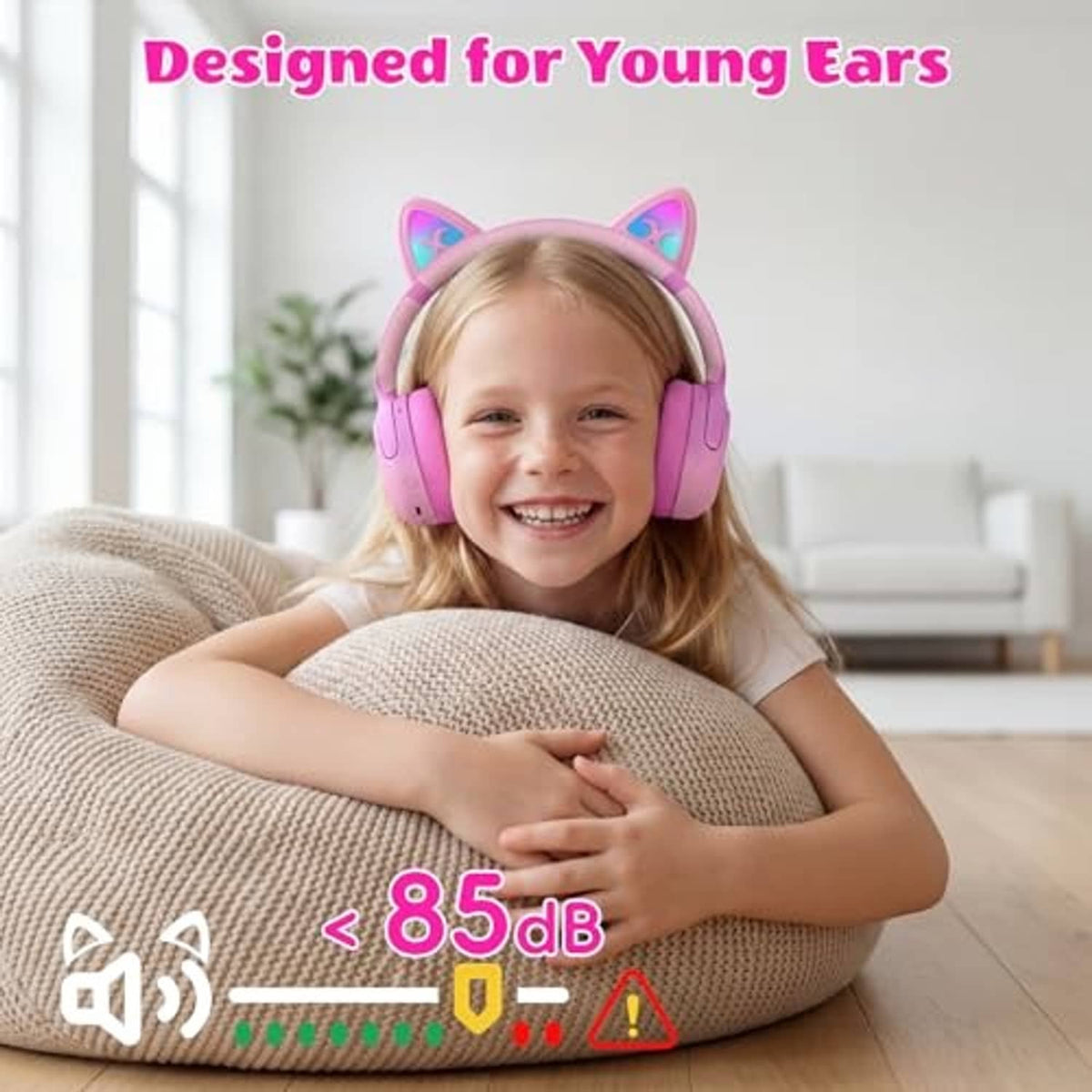 Kids pink over-ear Bluetooth headphones with LED cat ears and soft cushioned ear pads