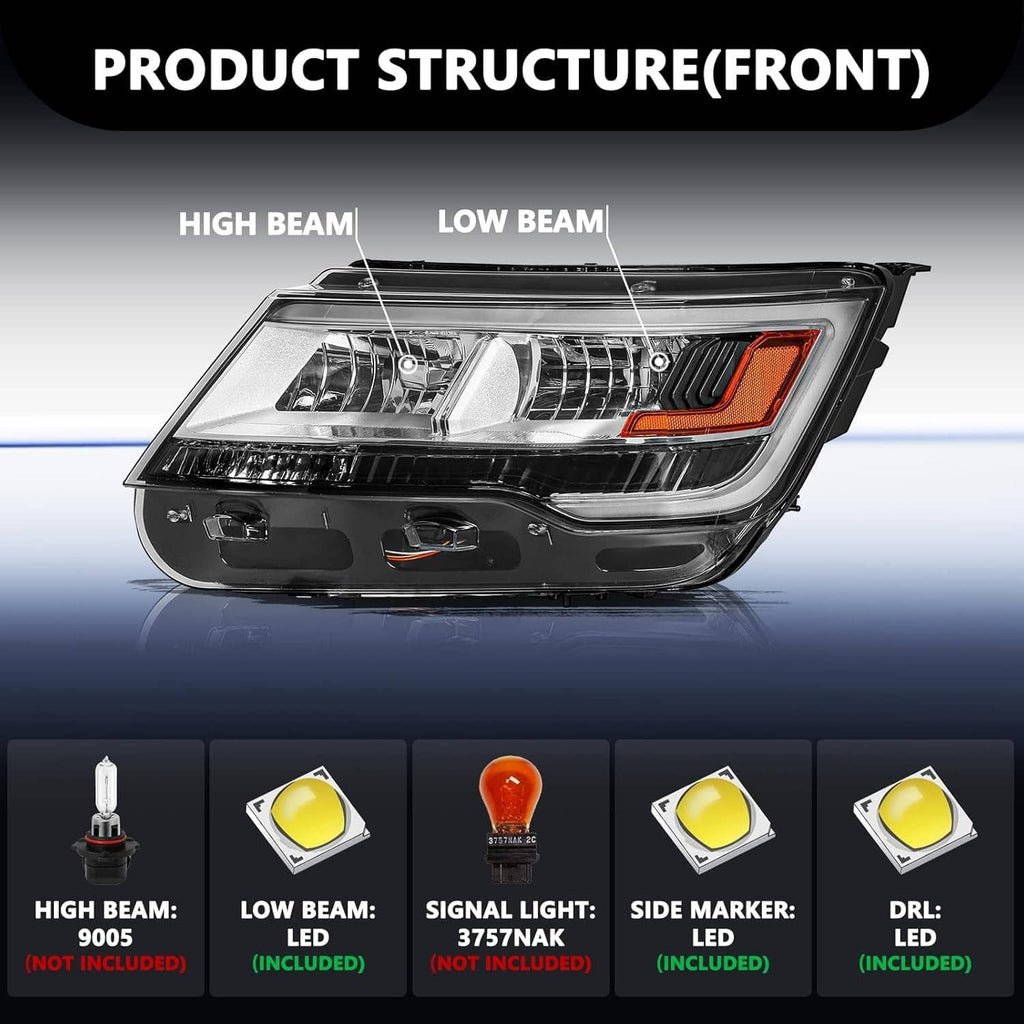 Left side headlight assembly front structure showing high-beam and low-beam sections