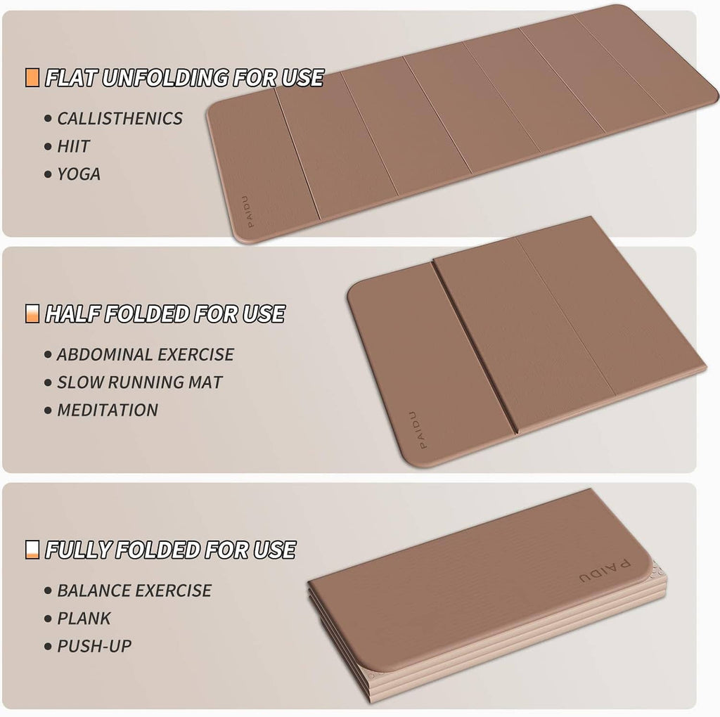 Folded yoga mat setup options: flat, half-folded, and fully folded for workouts