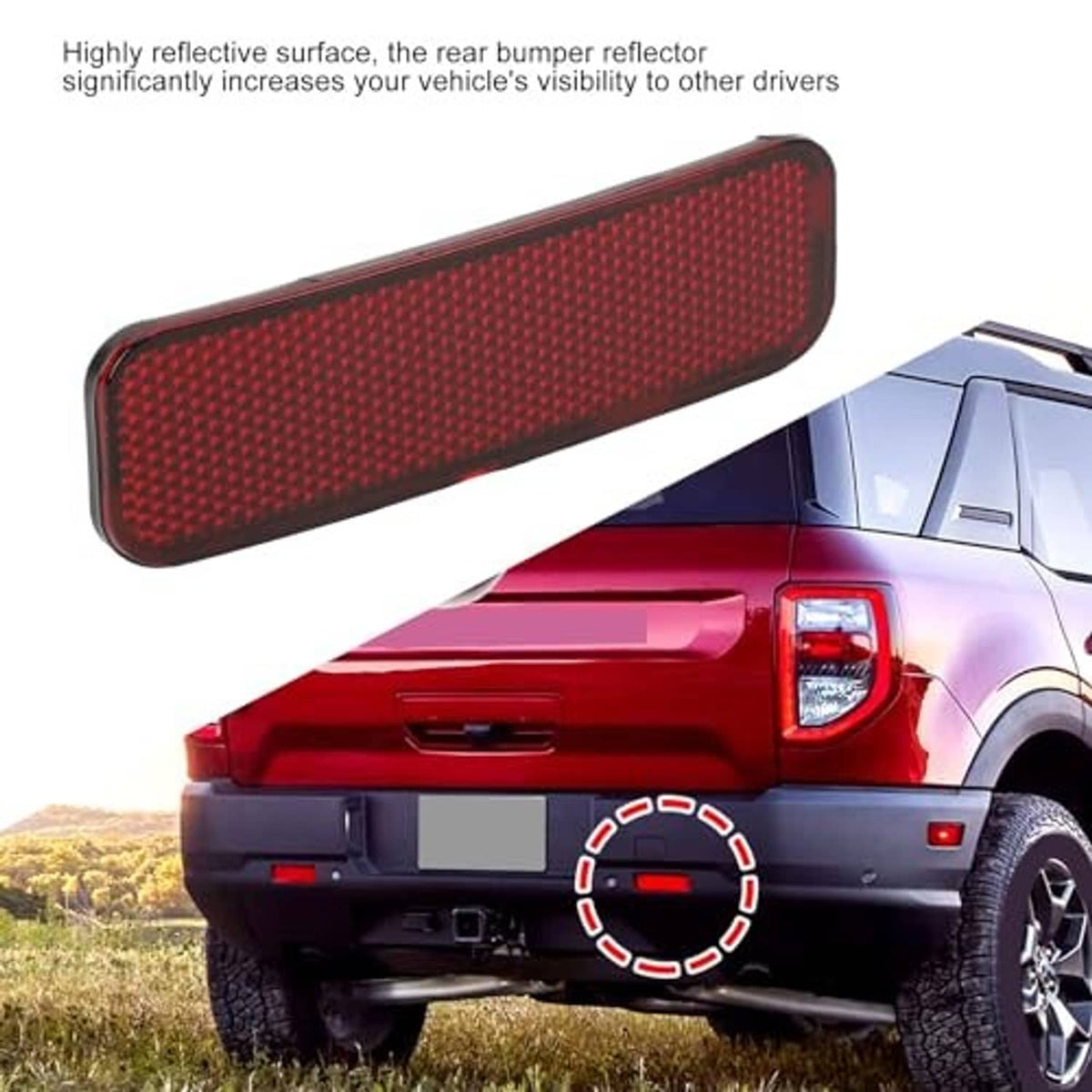 Red rear bumper reflector with textured reflective surface and black surround
