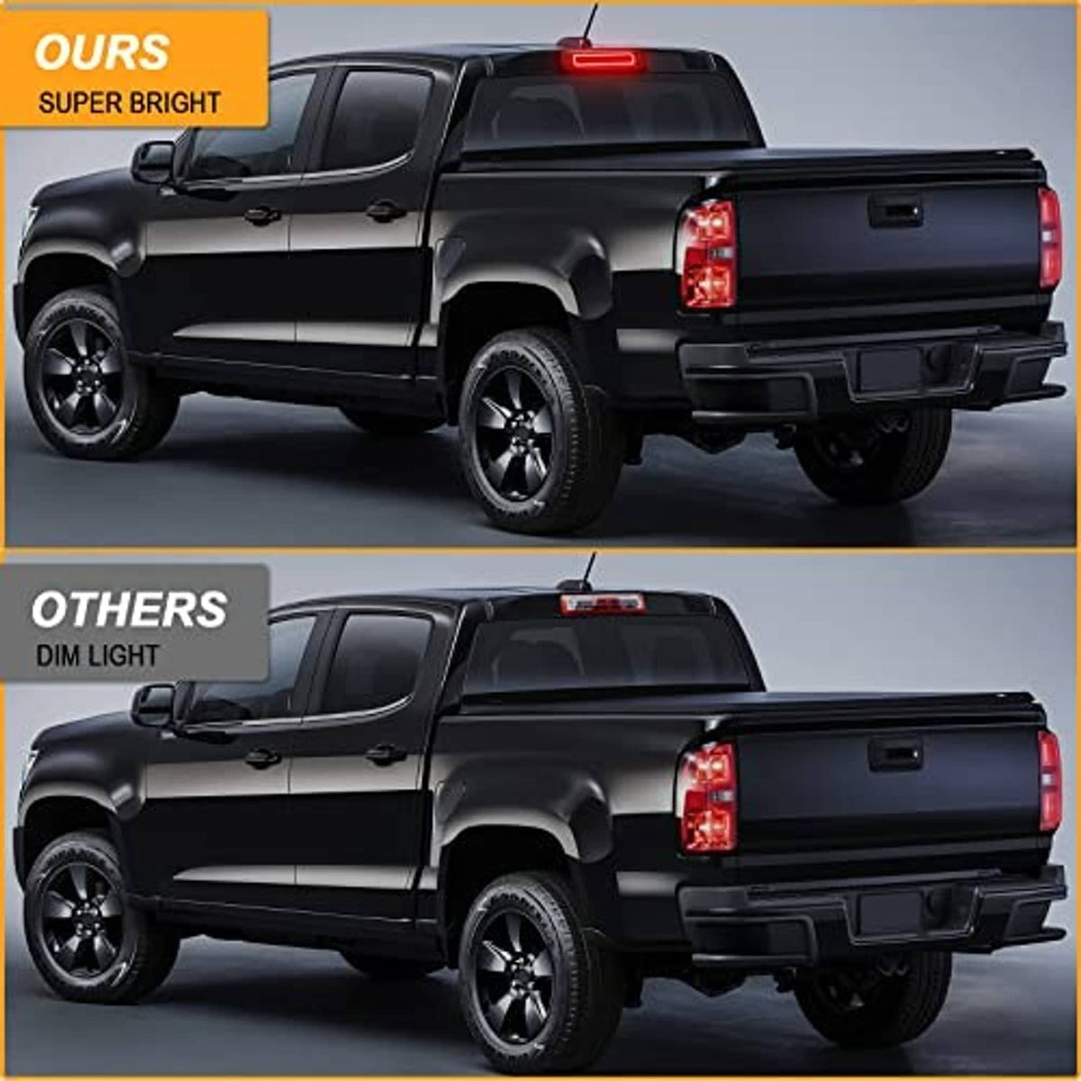 Smoked LED third brake light on pickup truck with bright red LED bar