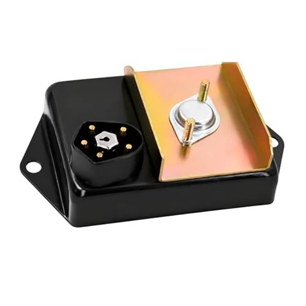 Ignition control module in black housing with copper-toned plate and mounting hole